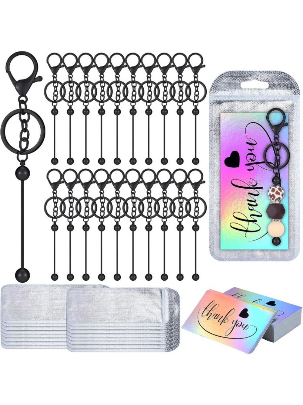 60 Pcs Black Beadable Keychain Bars - DIY Craft Supplies for Custom Accessories